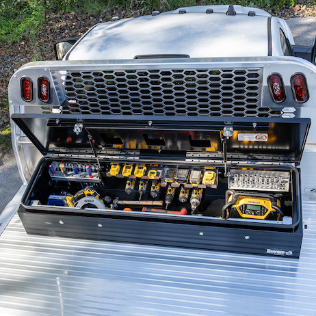 Stainless Steel Tool Holders custom-fit for the Buyers Products Heavy-Duty Gloss Black Steel Flatbed Contractor Truck Tool Box Series with Flip-Up Door