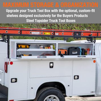 Custom-fit shelf for use with Buyers Products Gloss White Steel Topsider Truck Tool Box Series